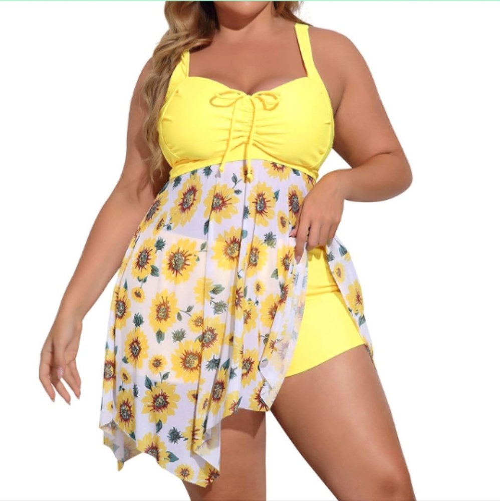 Daci Plus Size Swim Dress with Short for Women Mesh Tankini Swimsuits Flowy